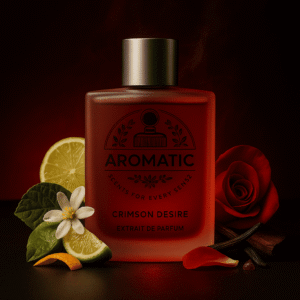 Aromatic Crimson Desire men’s fragrance with apple, bergamot, patchouli, and teak notes