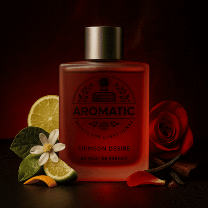 Aromatic Crimson Desire men’s fragrance with apple, bergamot, patchouli, and teak notes