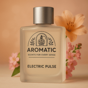 Aromatic Electric Pulse women’s fragrance with icy mandarin, pear, pink pepper, and jasmine notes