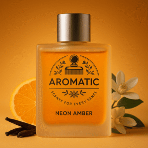 Aromatic Neon Amber men’s fragrance with orange blossom, bergamot, cinnamon, and cardamom notes