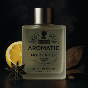 Aromatic Noir Cipher men’s fragrance with lemon, bergamot, star anise, and guaiac wood notes