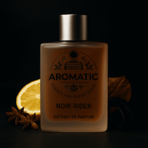 Aromatic Noir Rider men’s fragrance with lemon, bergamot, leather, and tonka bean notes