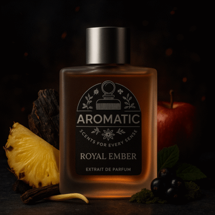 Aromatic Royal Ember men’s fragrance with pineapple, blackcurrant, birch, and patchouli notes