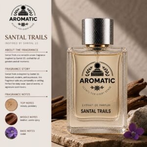 Aromatic Santal Trails luxury unisex fragrance bottle with warm woody notes