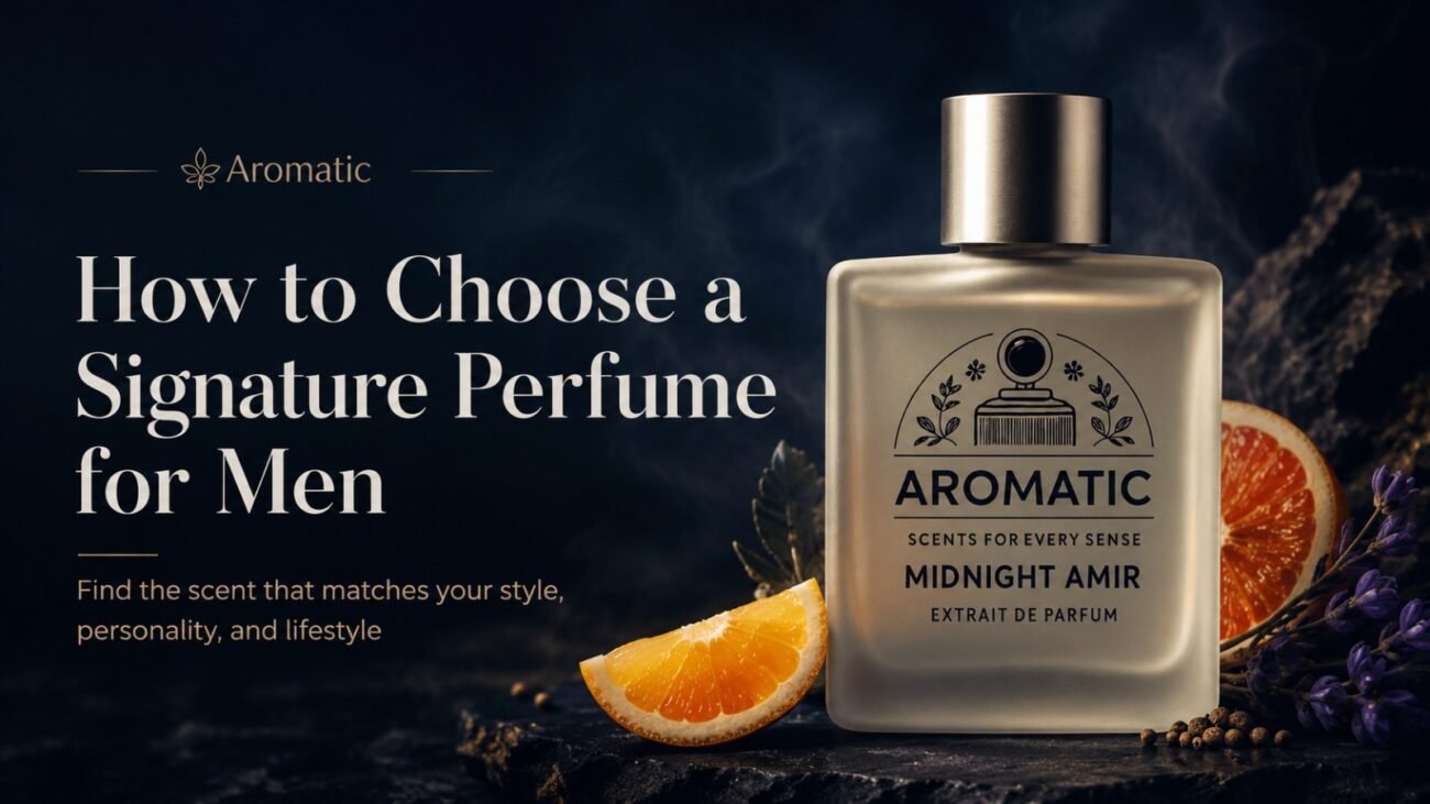 Midnight Amir by Aromatic perfume bottle with citrus and lavender, featured in a guide on how to choose a signature perfume for men.